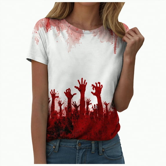 HCNTES Womens Spooky Halloween Shirts Cute Short Sleeve Funny Pumpkin Graphic Tee Ghost Tops Halloween Costumes Fall(M,A415-Brick Red)