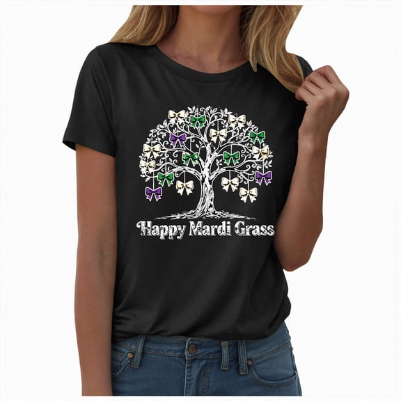 HCNTES Womens Summer Short Sleeve Tops Mardi Gras Sequin Fashion Printed T Shirts Casual Basic Graphic Tees(Size:L)