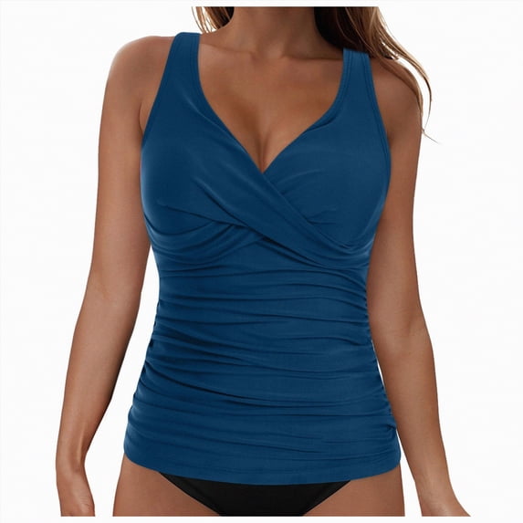 HCNTES Womens Tankini Top Only Ruched Tummy Control Bathing Suit Top Modest Swim Tank Top No Bottom(Navy,S)