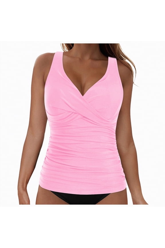 Womens Tankini Top Only Ruched Tummy Control Bathing Suit Top Modest Swim Tank Top No Bottom(Pink,M)