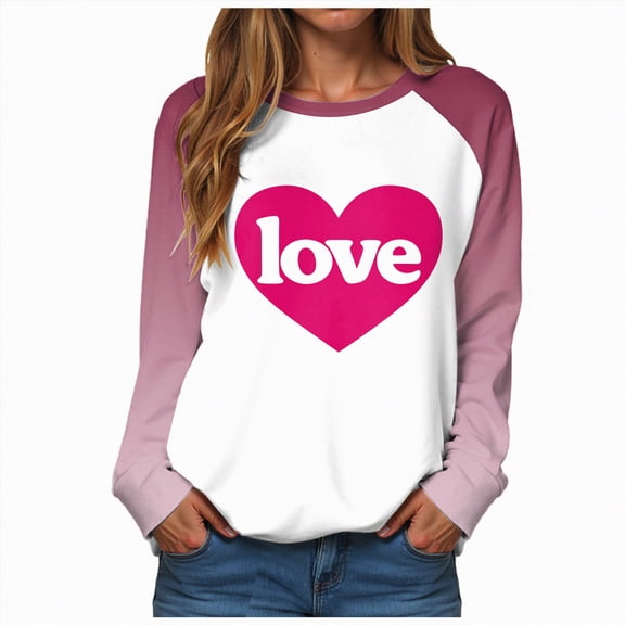 HCNTES Womens Valentines Long Sleeve Crew Neck Shirts Love Heart Casual Funny Spring Tee Tops for Ladies(Hot Pink,S)