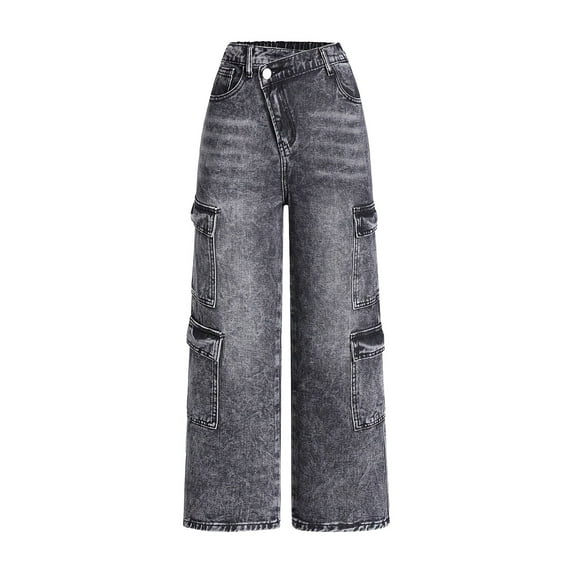 HCPDER Girls Baggy Jeans Girls Clothes Size 7 Girls Jeans Cargo Pants Baggy Wide Leg High Elastic Waistband Kids Straight Denim Pant With Pockets Youth 12-13 Years