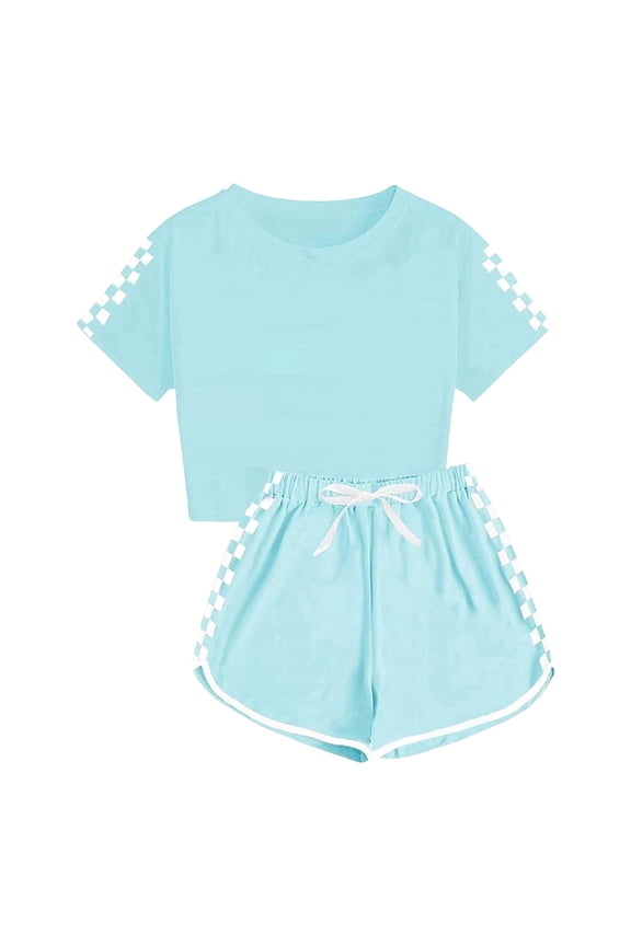 Girls Clothing Boys Short Sets Kids Summer Sport T-Shirt And Shorts Set Plaid Print Clothing Sets Tracksuit Green 7-8 Years