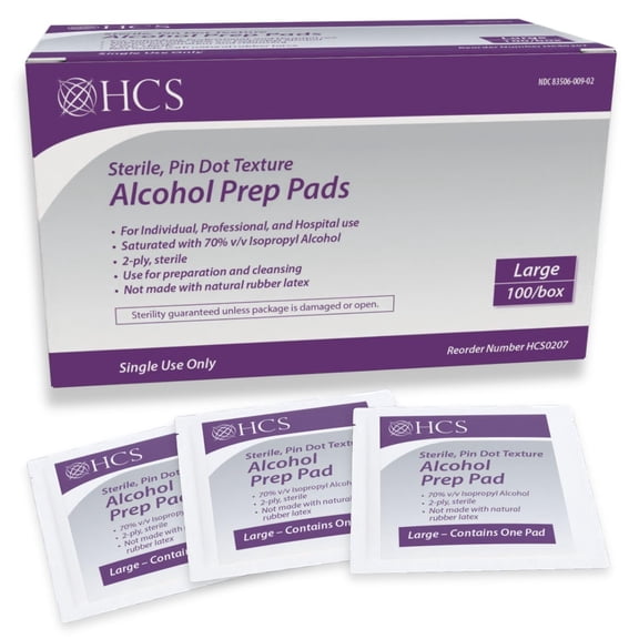 HCS Large Alcohol Prep Pads - 2 ply, Textured - 70% Isopropyl Alcohol Wipes Individually Wrapped - Skin Prep Alcohol Swabs - Sterile Alcohol Pads (100/Box)