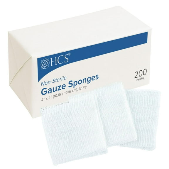HCS Woven Gauze Sponges 4x4 - Non-Sterile, 12-Ply (200-Count) - 100% Cotton, Absorbent, Low-Linting Squares - 4x4 Gauze Pads, Large - Medical Supplies, Wound Care, First Aid, Surgical Use, Dental