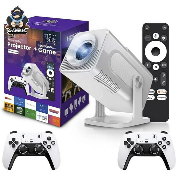 HCS350 Pro Android 11 Gaming Projector 64GB TF Card Wireless Gaming Controller Dual WIFI1920*1080P Home Theater Portable Projector (Hcs350pro White)