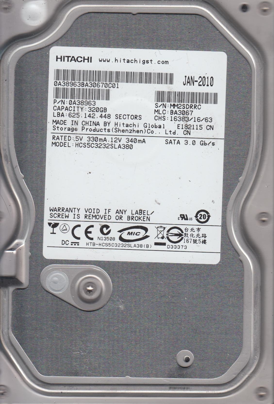 hcs5?C3232sla380、PN 0?a38963、MLC ba3067、Hitachi 320?GB SATA 3.5ハードドライブ HCS5C3232SLA380-PN-0A38963-MLC