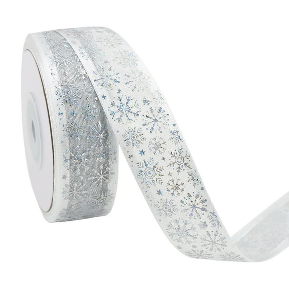 HCTSHG 1 Inch Wide Christmas Wired Ribbon, Snowflake Organza Sheer Glitter Ribbon for Xmas Tree, Wreath, Party Decoration, Gift Wrapping, 2 Lengths Options Available