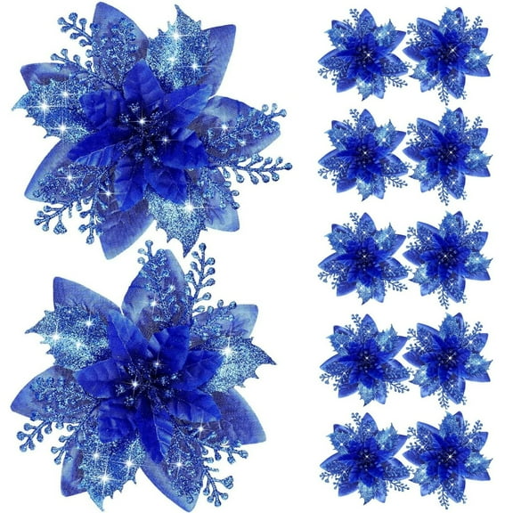 HCTSHG 12 PCS Christmas Blue Glitter Flowers Picks, 14.5cm Tree Ornaments for Winter Blue Teal Christmas Tree Wreaths Garland, Holiday Seasonal Wedding Decorations