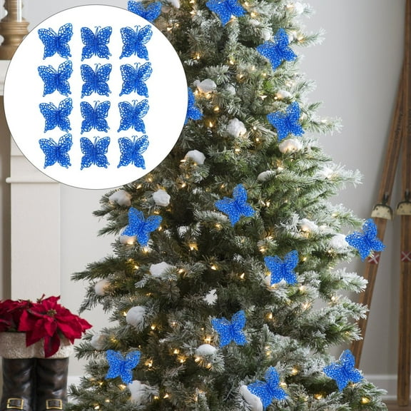 HCTSHG 12 PCS Glitter Christmas Tree Butterfly Ornaments, Hollow Butterfly Decorations with Clips, Artificial Butterfly Ornaments for Christmas Tree and Holiday Crafts