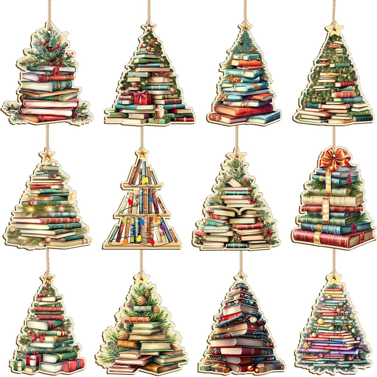 HCTSHG 12PCS Book Tree Christmas Ornament Set Literary Themed Stacked ...