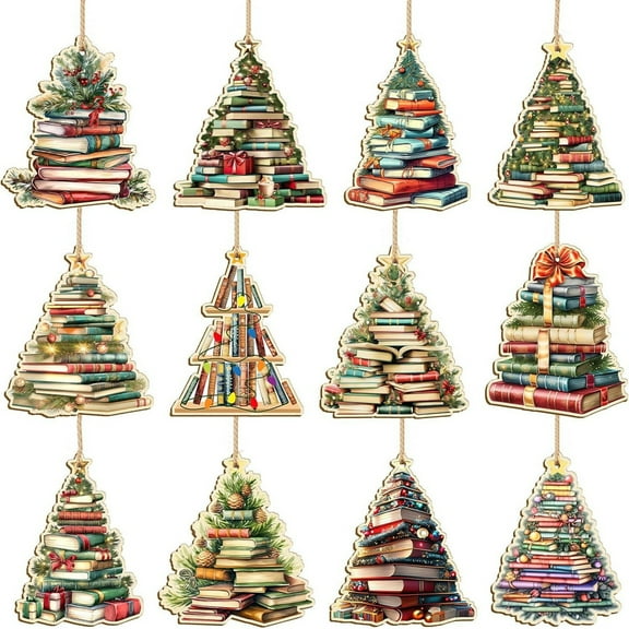 HCTSHG 12PCS Book Tree Christmas Ornament Set Literary Themed Stacked Book Hanging Decor with Bows and for Library Classroom Holiday Decor 