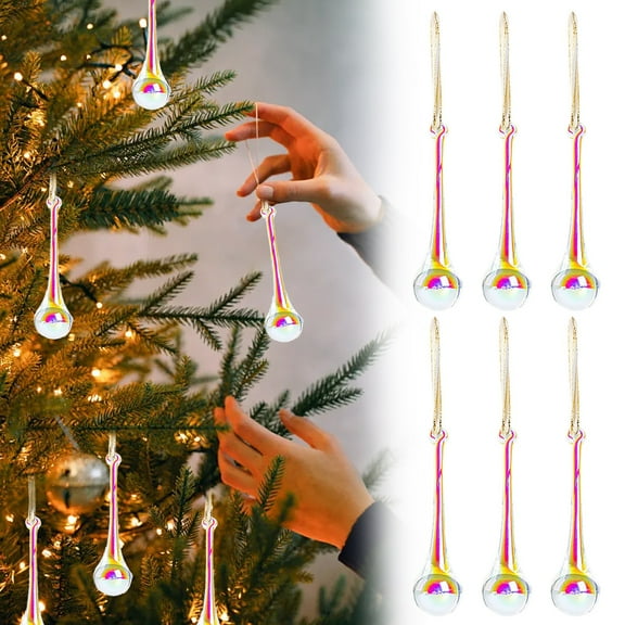 HCTSHG 6 PCS Glass Christmas Ornaments, Clear Chandelier Crystal Drop Teardrop Ornaments for Hanging on Centerpieces and Xmas Tree Decor
