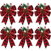 HCTSHG 6 Pieces Buffalo Plaid Wreath Bow with Pinecones Red Check Bow Ribbon for Wreath Garland Christmas Tree Topper Ornament, Party Decoration