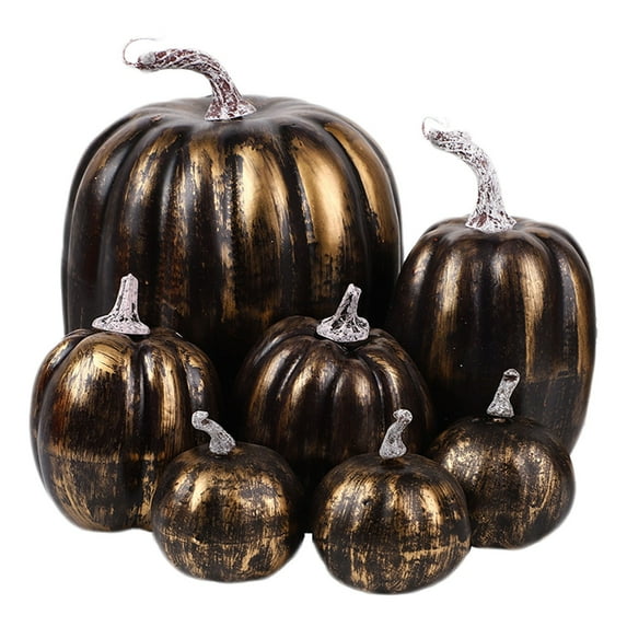HCTSHG 7 Pcs Assorted Artificial Black Pumpkins Halloween Faux Rustic Decorative Foam Pumpkins for Fall Halloween Thanksgiving Tabletop Centerpiece Kitchen Decor