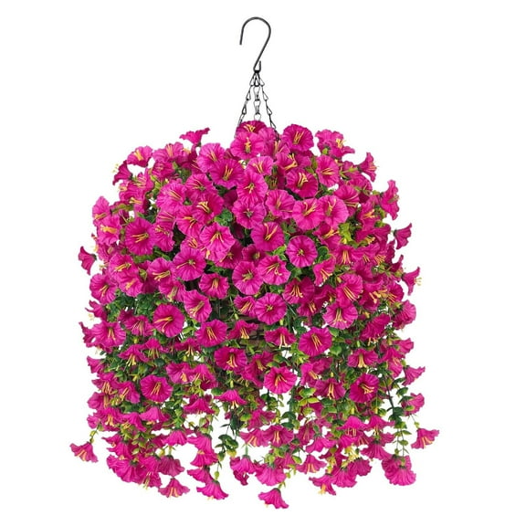 HCTSHG Artificial Hanging Flowers with Basket Outdoors Fake Flowers Plants, 3 PCS Faux Silk Morning Glory Flower with Eucalyptus Leaves Realistic Vines for Wall Home Porch Patio Balcony Yard