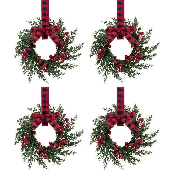 HCTSHG Christmas Mini Wreaths, Set of 4 Small Artificial Pine Cabinet Rings with Bows and Berries, Holiday Door and Window Decor, Hanging Indoor Outdoor Decorations (Velvet, 4PCS)
