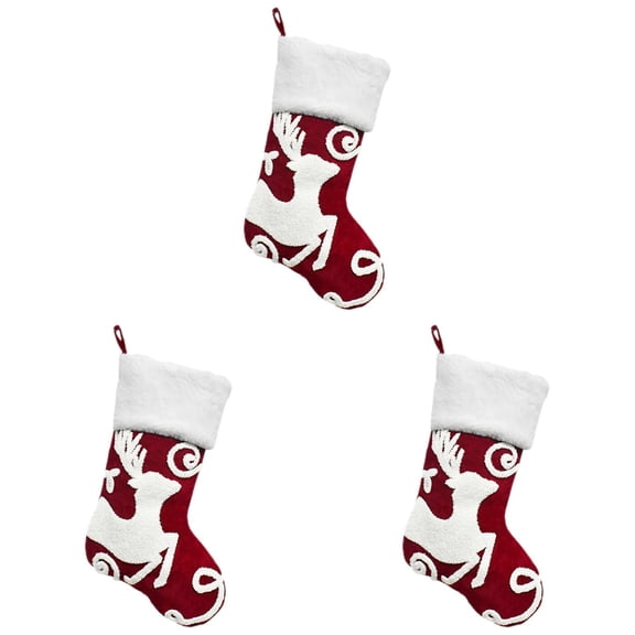 HCTSHG Christmas Stocking, 18 Inch Red Christmas Stockings Embroidered Elk Snowflakes Sleigh White Plush Faux Fur Cuff Large Xmas Hanging Stockings for Family Holiday Party Decoration