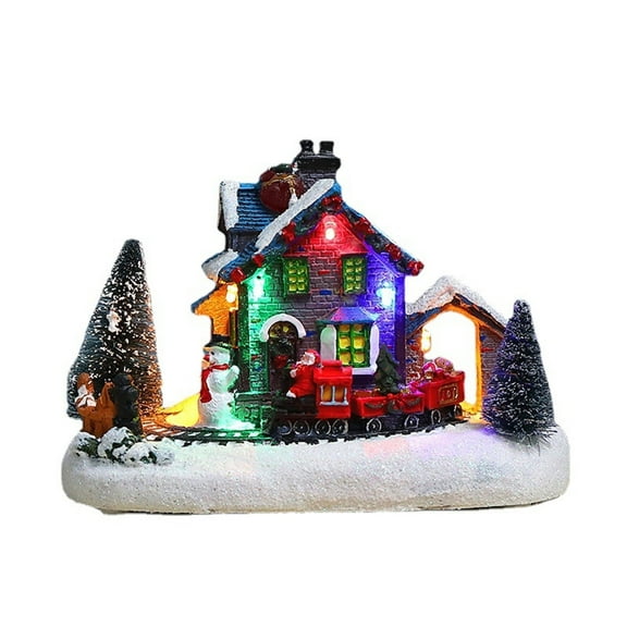 HCTSHG Christmas Village Houses Decoration Set, Includes Santa Claus, Snowman, Train, and Snow Scene with LED Lights for Christmas Desktop Landscape Ornaments