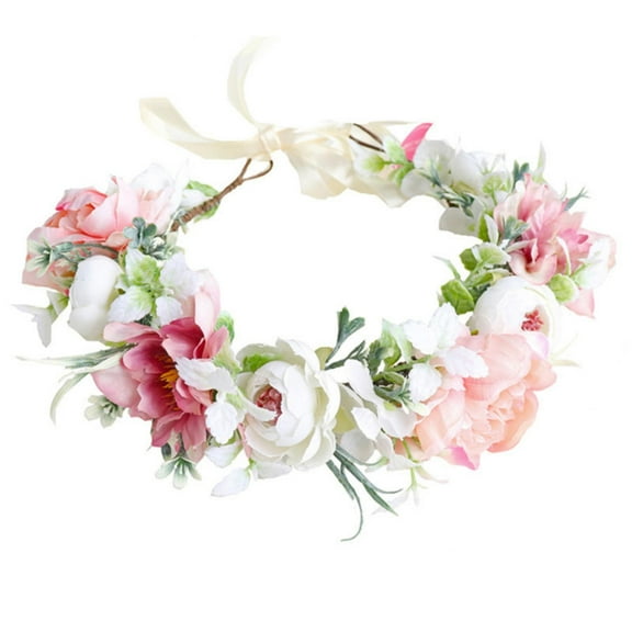 HCTSHG Handmade Flower Headband, Elegant Floral Crown Bridal Hair Wreath with Flowing Ribbon for Weddings, Party, Prom Events, and Bohemian Style Photo Props, 9.44 Inches