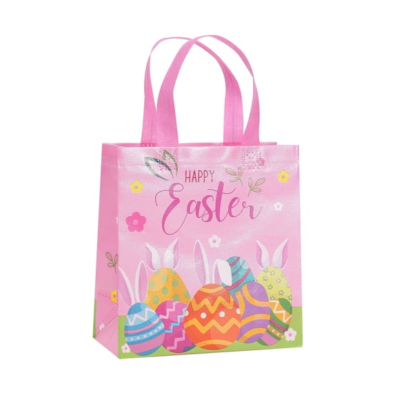 HCTSHG Happy Easter Bunny Bags with Handles Disposable Non Woven Bags for Easter Candy and Packaging for Gifts Wrapping, Egg Hunt, Easter Party Supplies