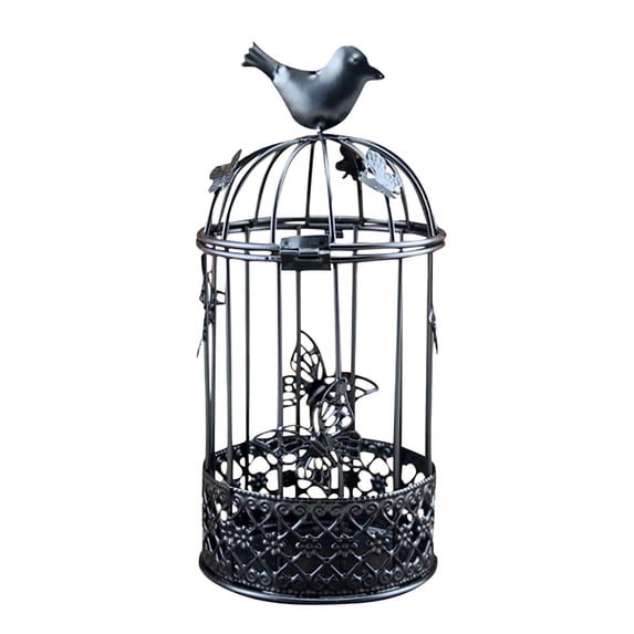 HCTSHG Vintage Bird Cage Candle Holder, Hollow Metal Stand with Butterflies, for Living Room, Rustic Home Decor and Wedding Centerpiece, Black Ornate Candle Stand for Tabletop Display