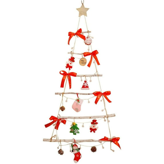 HCTSHG Wall Mounted Christmas Tree Decor, Wooden Ladder Tree with Star Topper, Rustic Flat Hanging Xmas Tree for Indoor Wall Decor, Lighted Holiday Wall Display