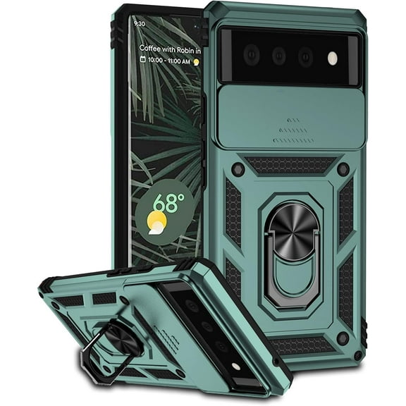 HCTian Case for Google Pixel 6, Rugged Shockproof Cover with 360° Rotatable Magnetic Kickstand and Slide Camera Lens Cover Case for Google Pixel 6