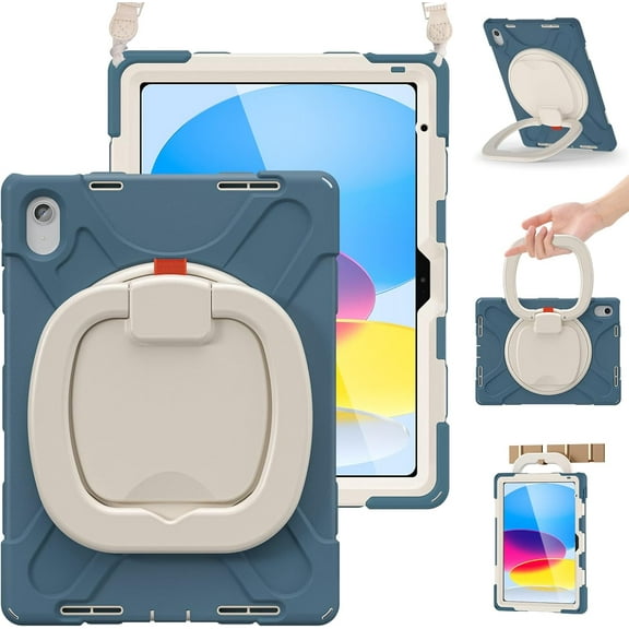 HCTian Case for iPad (A16) 11th/10th Generation 11”/10.9'' 2025/2022-Heavy Duty Rugged Silicone Case w/Swivel Ring Stand/Kickstand/Shoulder Strap/Pencil Holder/Screen Protector