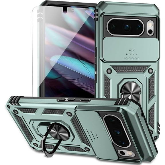 HCTian for Google Pixel 8 Pro Case with Slide Camera Cover HD Screen Protector [Military Grade 16ft. Drop Tested] Magnetic Ring Holder Kickstand Protective Phone Case for Google Pixel 8 Pro 2023