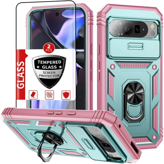 HCTian for Google Pixel 9 Pro XL Case with Tempered Glass Screen Protector,9Pro XL Phone Case Built-in Kickstand Ring with Camera Cover Shockproof Military Grade Drop Heavy Duty Protection