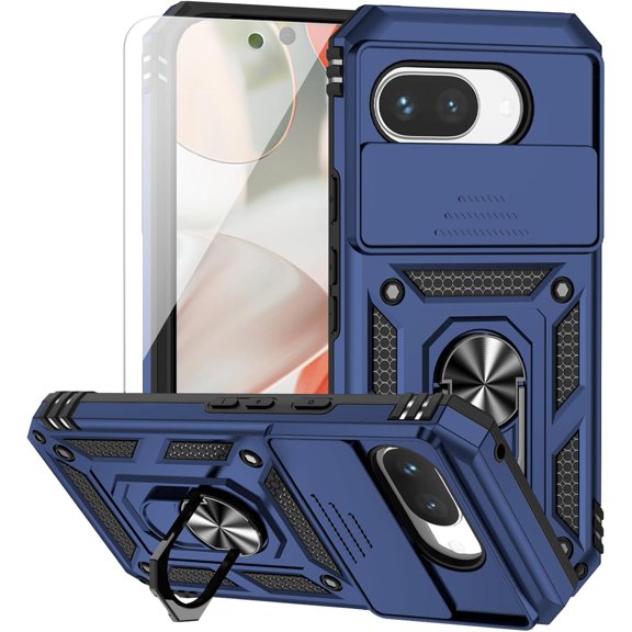 HCTian for Google Pixel 9A Case with Camera Lens Cover HD Screen Protector, Dual Layer Military-Grade Drop Tested Magnetic Ring Holder Kickstand Protective Phone Case for Google Pixel 9A 2025