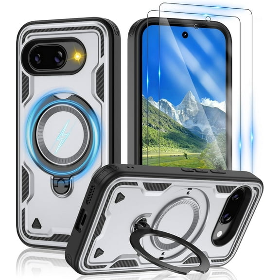 HCTian for Google Pixel-9A Case:Compatible with MagSafe & [HD Screen Protector×2],Metal Rotated Kickstand,Military Grade Drop Proof Anti-Fingerprint Protective Case for Pixel 9a