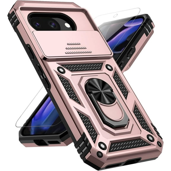 HCTian for Google Pixel 9A Case with Slide Camera Cover HD Screen Protector [Military Grade 16ft. Drop Tested] Magnetic Ring Holder Kickstand Protective Phone Case for Google Pixel 9A 2025