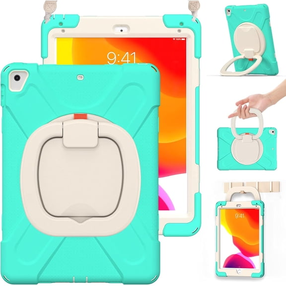 HCTian Kids Case for 9.7” iPad 6th/5th Generation/iPad Pro 9.7 Inch/iPad Air 2, Shockproof Silicone Case with Rotatable Grip, Shoulder Strap, Pencil Holder, Stable Kickstand for iPad 9.7 Inch