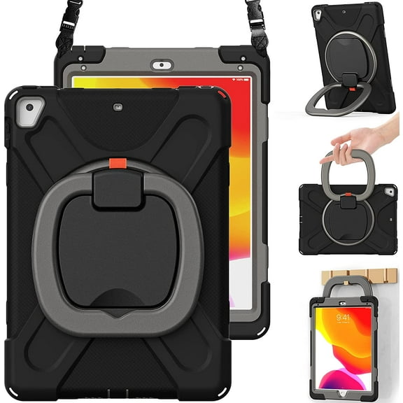 HCTian Kids Case for 9.7” iPad 6th/5th Generation/iPad Pro 9.7 Inch/iPad Air 2, Shockproof Silicone Case with Rotatable Grip, Shoulder Strap, Pencil Holder, Stable Kickstand for iPad 9.7 Inch