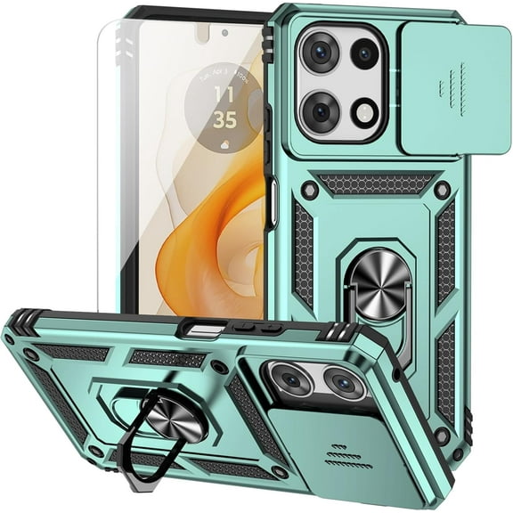 HCTian for Moto G 2025 Case, with Camera Lens Cover HD Screen Protector, Dual Layer Military-Grade Drop Tested Magnetic Ring Holder Kickstand Protective Phone Case for Motorola Moto G 2025