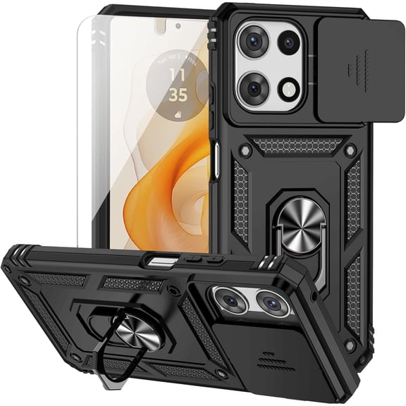 HCTian for Moto G 2025 Case, with Camera Lens Cover HD Screen Protector, Dual Layer Military-Grade Drop Tested Magnetic Ring Holder Kickstand Protective Phone Case for Motorola Moto G 2025