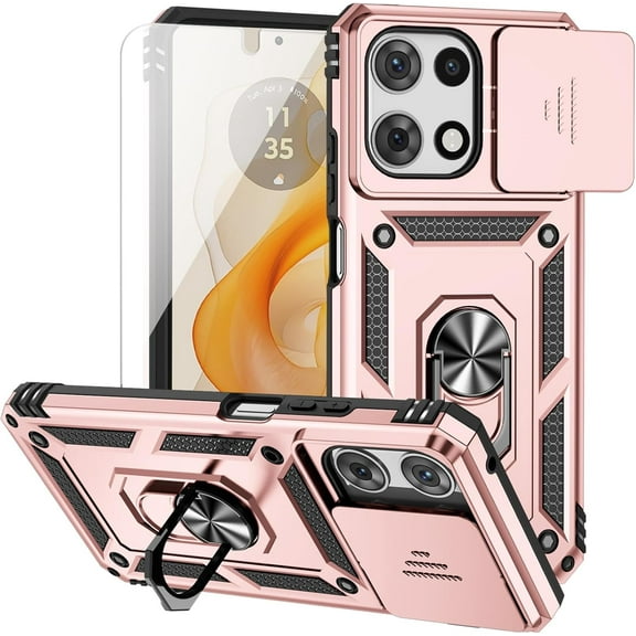 HCTian for Moto G 2025 Case, with Camera Lens Cover HD Screen Protector, Dual Layer Military-Grade Drop Tested Magnetic Ring Holder Kickstand Protective Phone Case for Motorola Moto G 2025