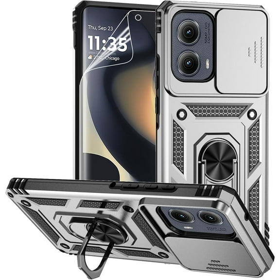 HCTian for Motorola Edge 2024 Case with Camera Lens Cover Screen Protector, Dual Layer Military-Grade Drop Tested Magnetic Ring Holder Kickstand Protective Phone Case for Motorola Moto Edge 2024