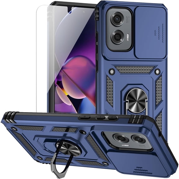 HCTian for Motorola Moto G Stylus 5G 2024 Case with Camera Lens Cover HD Screen Protector, Dual Layer Military-Grade Drop Tested Magnetic Ring Holder Kickstand Protective Phone Case