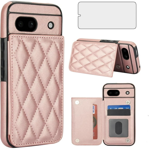 HCTian Phone Case for Google Pixel 8A Wallet Cover with Tempered Glass Screen Protector and Leather RFID Credit Card Holder Stand Slot Rugged Mobile Cell Accessories Pixel8A A8 5G Women Men