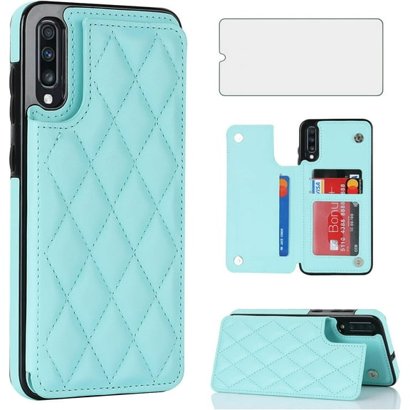 HCTian Phone Case for Samsung Galaxy A70 Wallet Cover with Tempered Glass Screen Protector and Leather RFID Credit Card Holder Stand Slot Rugged Cell Accessories A70S A 70 70A S70 Women Men