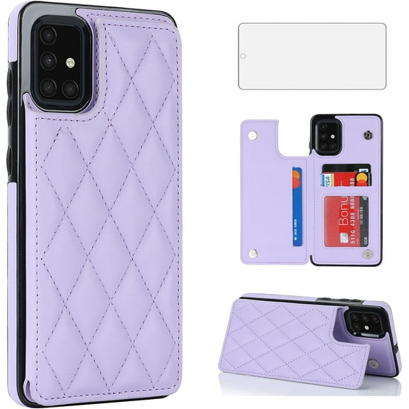 HCTian Phone Case for Samsung Galaxy A71 5G Wallet Cover with Tempered Glass Screen Protector and Leather RFID Credit Card Holder Stand Slot Rugged Cell Accessories A 71 G5 71A S71 Women