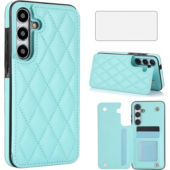 HCTian Phone Case for Samsung Galaxy S24 5G Wallet Cover with Tempered Glass Screen Protector and Leather RFID Credit Card Holder Stand Slot Rugged Cell Accessories S 24 24S GS24 G5 Women