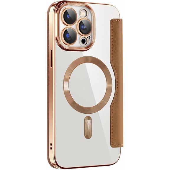 HCTian Wallet Case for iPhone 16 Pro Max /16 Pro/16 Plus/16,Flip Folio Leather Plating Phone Shell Magnetic Charging Crystal Clear Back Cover