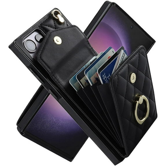 HCTian for Samsung S23 Ultra Lanyard Leather Wallet Card Phone Case Ring Cover