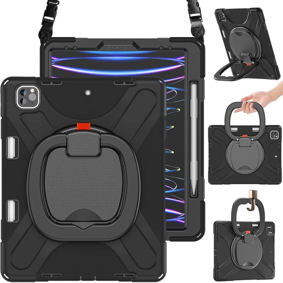HCTian for iPad Air 13 Inch Case M3 2025/ M2 2024, iPad Pro 12.9 (6th/5th/4th/3rd Gen), Heavy Duty Shockproof Cover w/Pencil Holder, Rotating Handle Grip, Stable Kickstand, Shoulder Strap