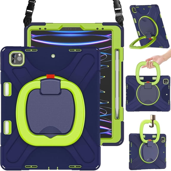 HCTian for iPad Air 13 Inch Case M3 2025/ M2 2024, iPad Pro 12.9 (6th/5th/4th/3rd Gen), Heavy Duty Shockproof Cover w/Pencil Holder, Rotating Handle Grip, Stable Kickstand, Shoulder Strap