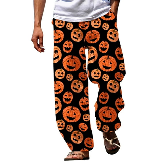 HCURIBAD Baggy Pants, Pants for Men Men's Casual Pants Halloween Pumpkinhead Beach Pants with Pockets 2024 New, Halloween Pants, Halloween Pajamas, (Clearance) E M